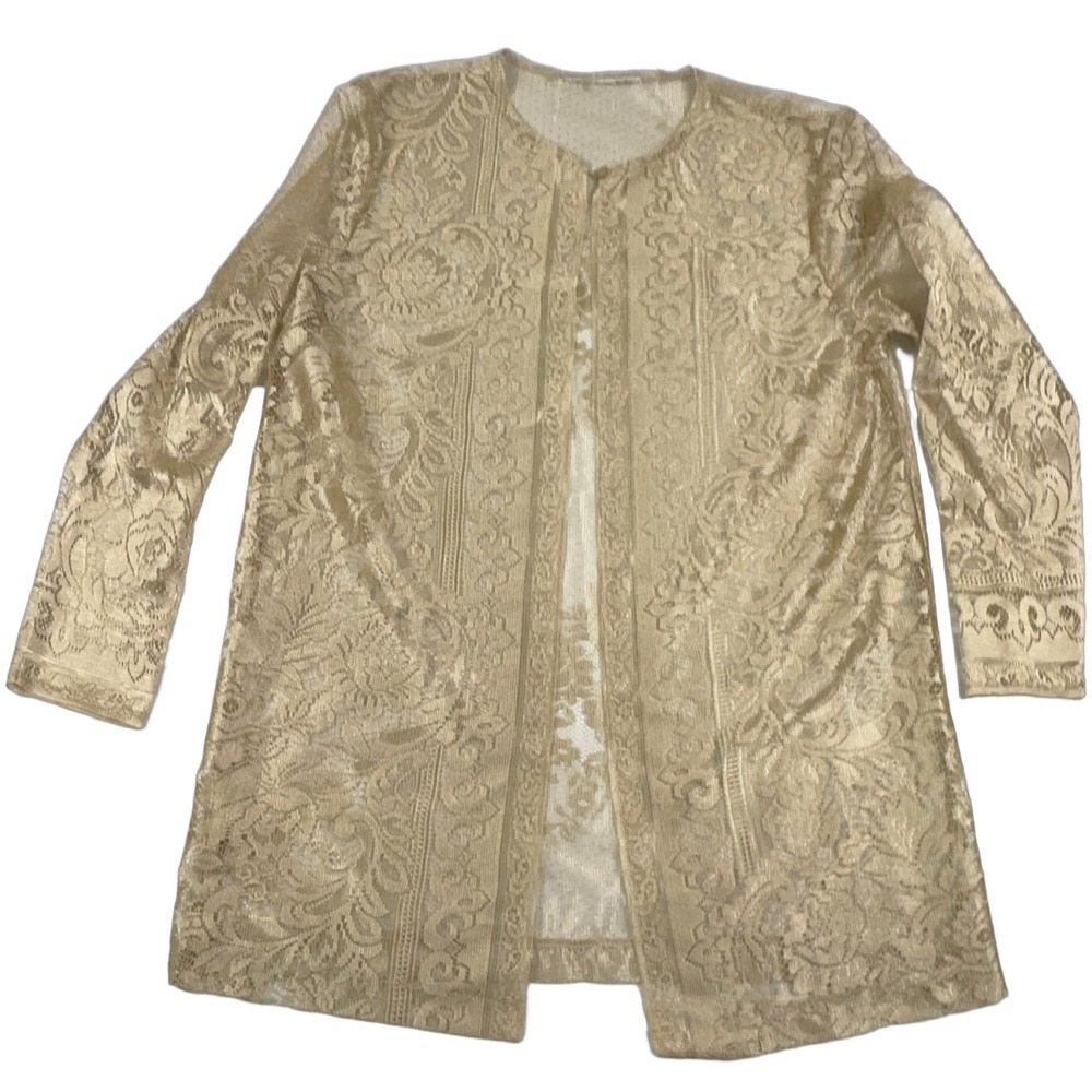 Bedford Fair Women Gold Lace Cardigan OS Long Sleeve Button Front Sheer Vintage